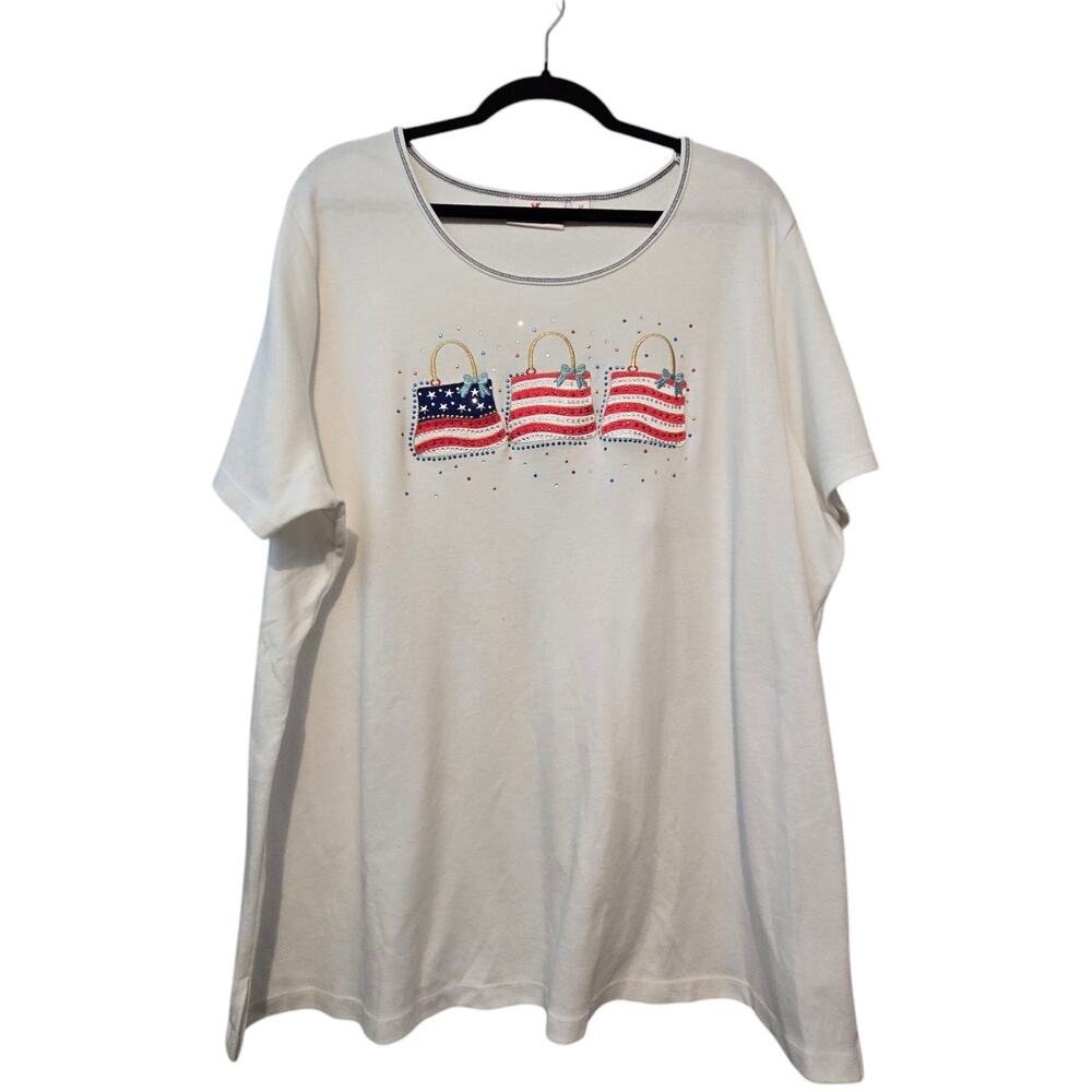 Quacker Factory Womens Rhinestone Embroidery T Shirt 2X Flags Patriotic July 4th